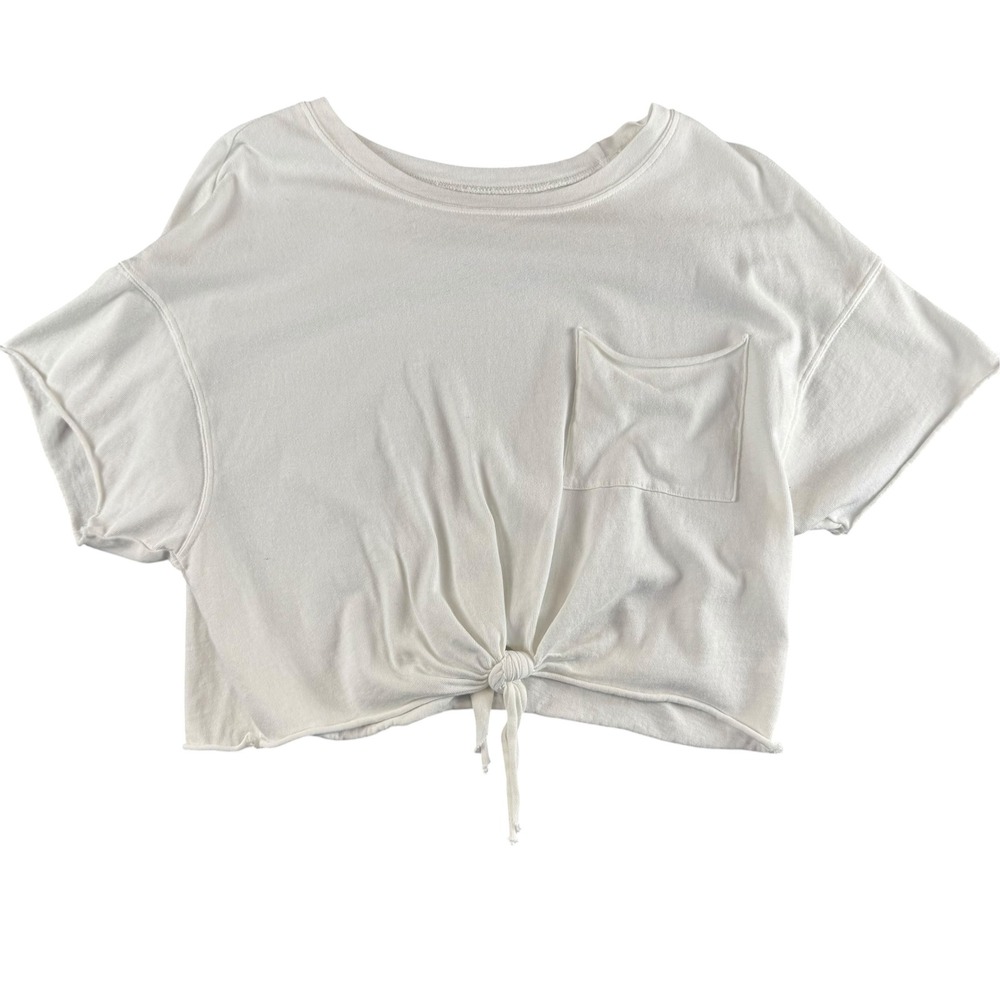 OFFLINE by Aerie White Front Tie Knot Crop Top Short Sleeve Pocket XS